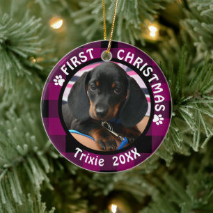 Dog First Christmas 2-Photo Pink and Black Plaid Ceramic Tree Decoration