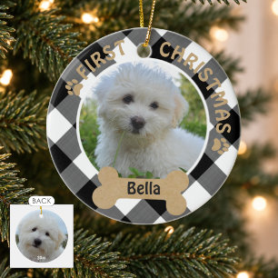 Dog FIRST CHRISTMAS 2-Sided 2-Photo Buffalo Check Ceramic Tree Decoration