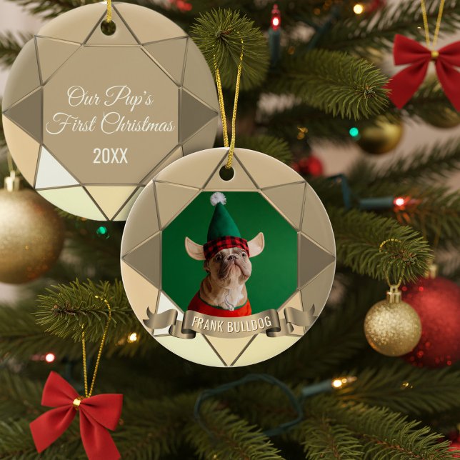 Dog First Christmas Photo Ceramic Ornament (Add your best friend's photo and name to this gold colored First Christmas Ornament)