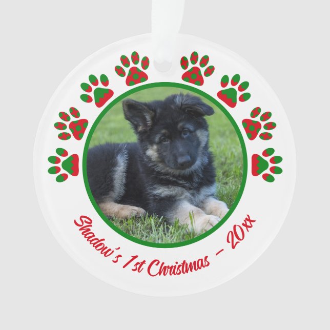 Dog First Christmas Photo Paw Print Red Ornament (Front)