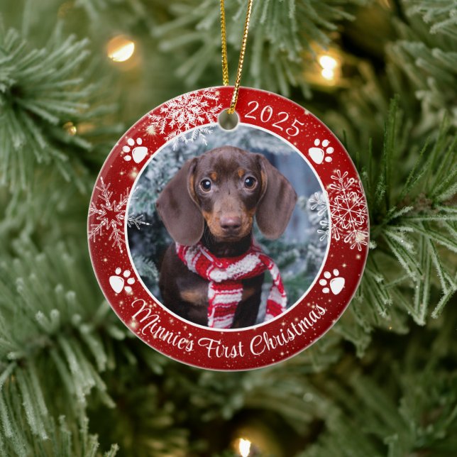 Dog First Christmas Snowflake Photo Red White Ceramic Tree Decoration (Tree)