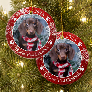Dog First Christmas Snowflake Photo Red White Ceramic Tree Decoration