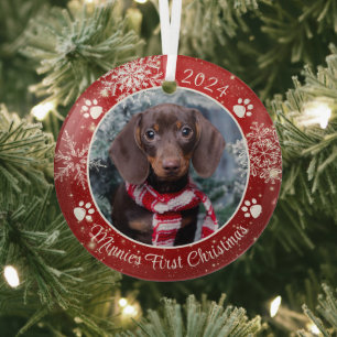 Dog First Christmas Snowflake Photo Red White Glass Tree Decoration