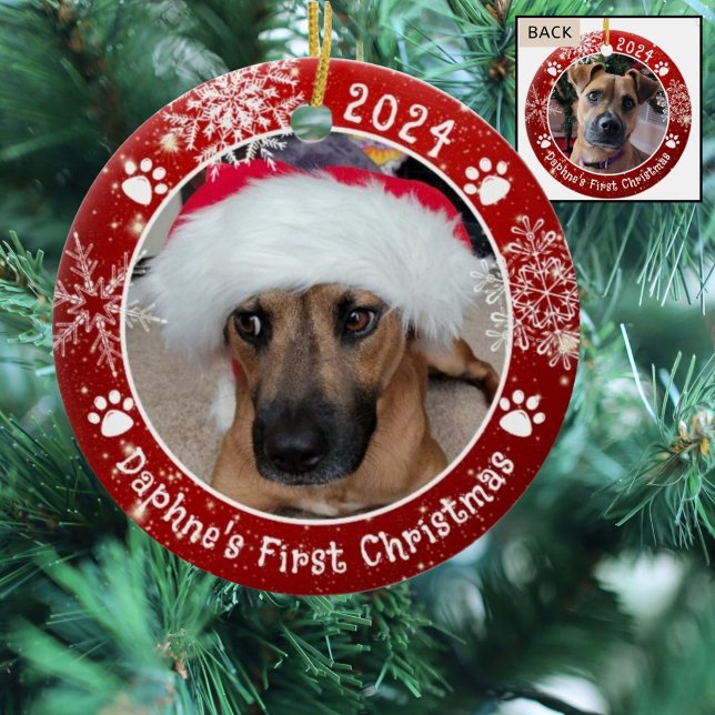 Dog First Christmas Snowflakes 2 Photo Red Ceramic Tree Decoration (Creator Uploaded)