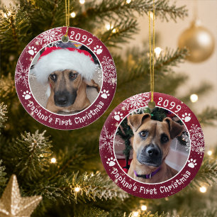 Dog First Christmas Snowflakes 2 Photos Ceramic Tree Decoration