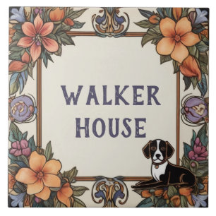 Dog & Flowers Custom House Name Plate Sign Plaque Tile