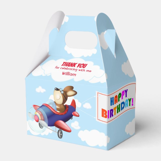 Dog Flying Aeroplane Birthday Party Favour Box (Front Side)