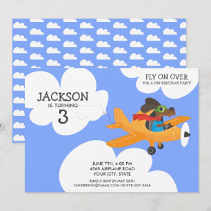 Dog Flying Aeroplane Cute Boy's Birthday Party Invitation