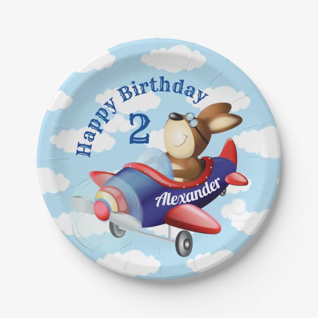 Dog Flying Aeroplane Kids Birthday Party Paper Plate (Front)
