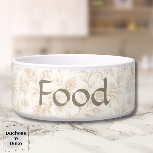 Dog Food Bowl - Ivlry Botanical, Name  (Dog Food Bowl with ivory botanical design displayed on marble counter top)