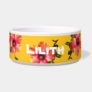 Dog Food Bowl w Hibiscus Design - HAMbWG