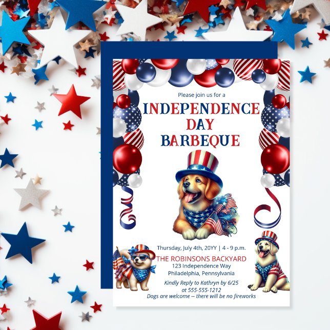Dog Friendly No Fireworks 4th of July BBQ Party Invitation (Balloon Arch Cute Dogs Dog-Friendly Independence Day BBQ July 4 Invitation)