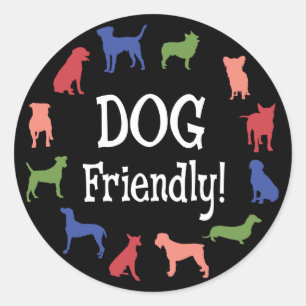 Dog friendly with colourful dog breed silhouettes classic round sticker