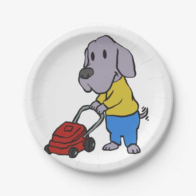 Dog gardener with lawn mower | choose back colour paper plate (Front)