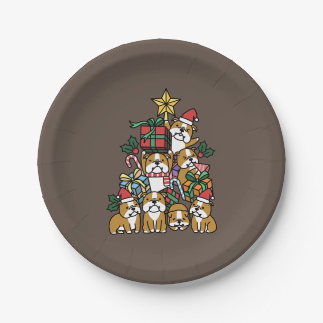 Dog Gift | Christmas Tree English Bulldog Dog Paper Plate (Front)