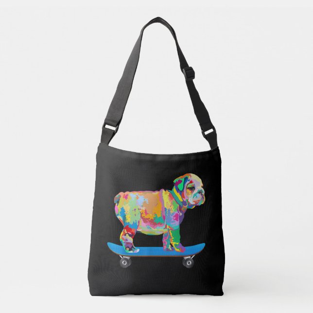 Dog Gift | Colourful Cool Bulldog Puppy Skateboard Crossbody Bag (Front)