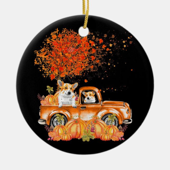 Dog Gift | Corgi Dog Pumpkins Ceramic Tree Decoration (Front)