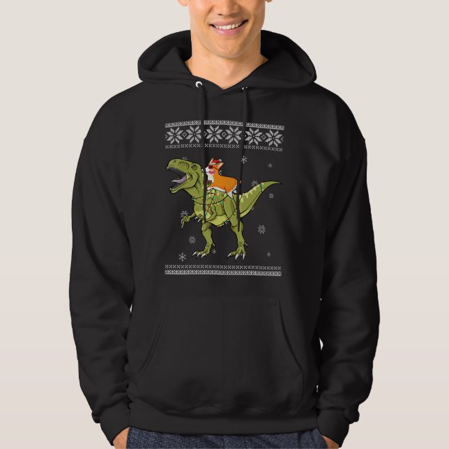 Dog Gift | Corgi Riding T Rex Dinosaur Christmas Hoodie (Front)
