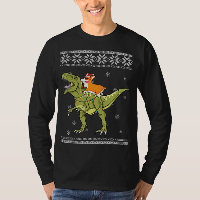 Dog Gift | Corgi Riding T Rex Dinosaur Christmas T-Shirt (Front)