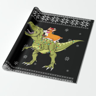 Dog Gift | Corgi Riding T Rex Dinosaur Christmas Wrapping Paper