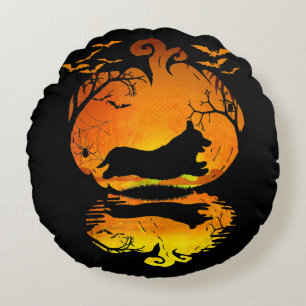 Dog Gift   Corgi Silhouette Pumpkin Halloween Round Cushion