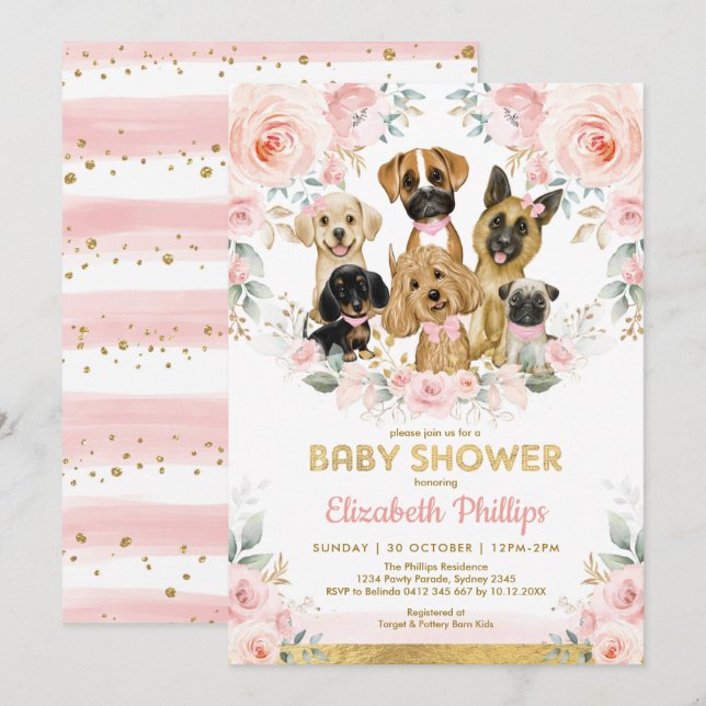 Dog Girl Baby Shower Blush Pink Floral Puppies Invitation (Front/Back)
