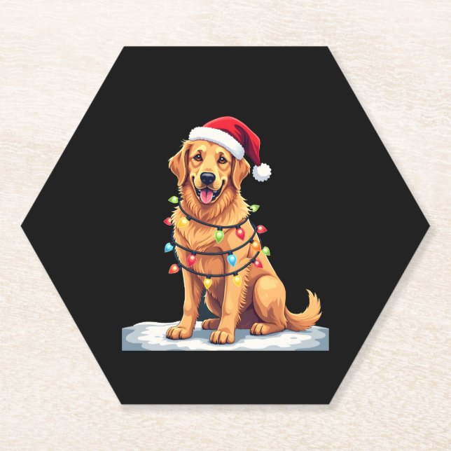 Dog Golden Retriever Santa Christmas Xmas Lights ( Paper Coaster (Front)