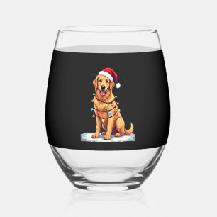 Dog Golden Retriever Santa Christmas Xmas Lights ( Stemless Wine Glass