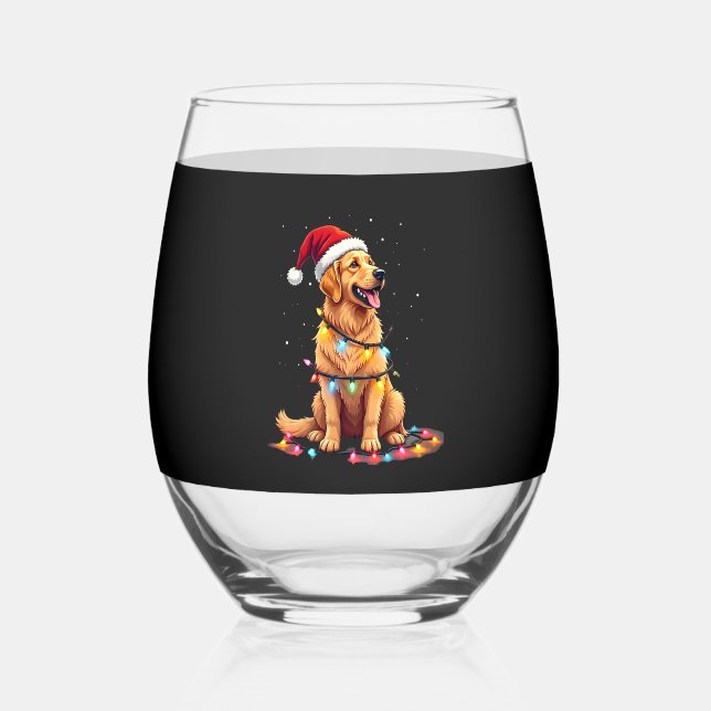 Dog Golden Retriever Santa Christmas Xmas Lights ( Stemless Wine Glass (Front)