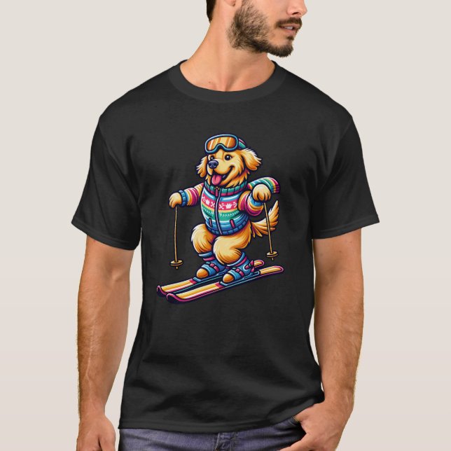 Dog Golden Retriever Skiing Skier Ski Vacation T-Shirt (Front)