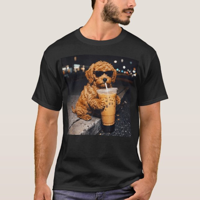 Dog Goldendoodle Drinking Iced Coffee Funny T-Shirt (Front)