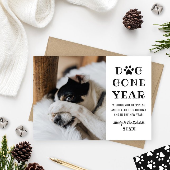 Dog Gone Year Funny Black White Pet Photo Holiday Card (Creator Uploaded)