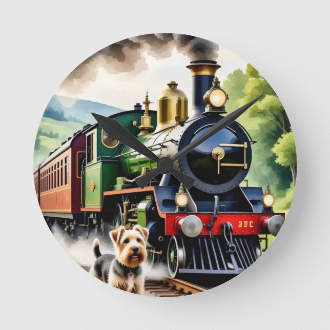 Dog Greeting steam train Round Clock (Front)