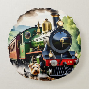 Dog Greeting steam train Round Cushion