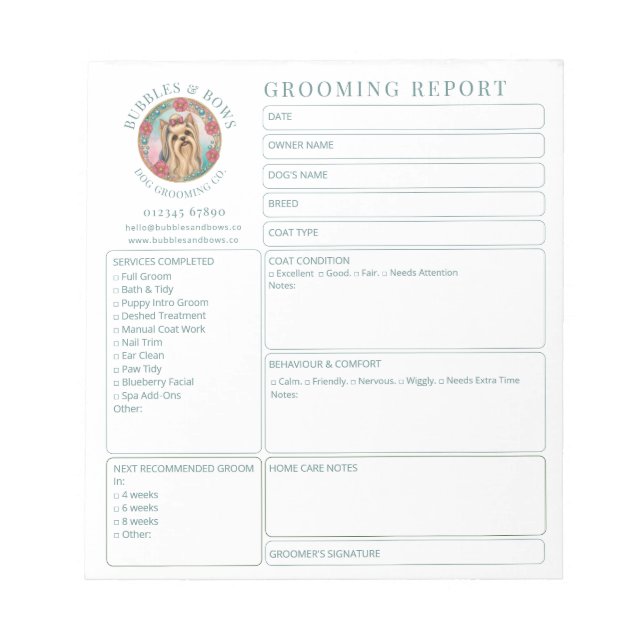 Dog Groomer Consultation Forms Pad Yorkie Logo (Front)