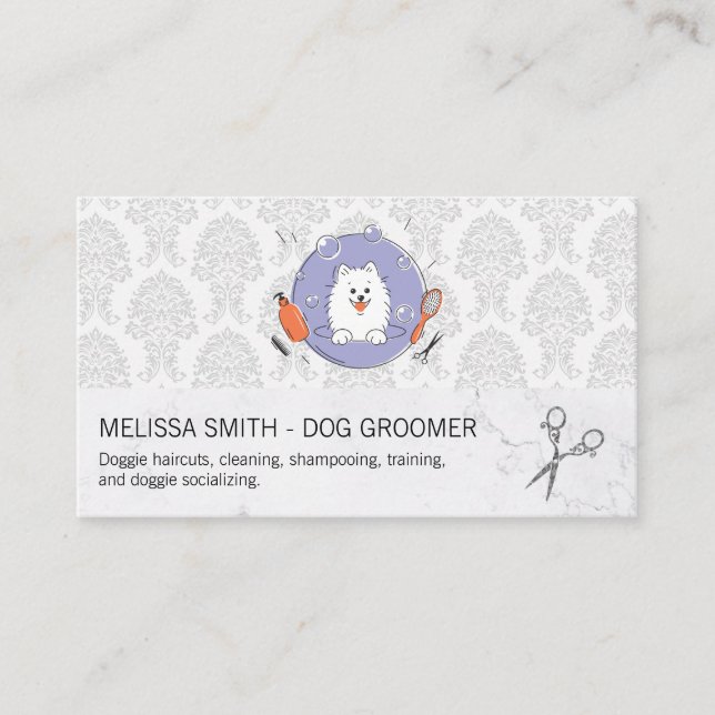 Dog Groomer Logo | Damask Pattern Business Card (Front)