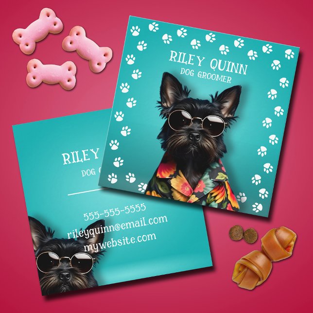 Dog Groomer Paw Print Border  Square Business Card (Dog Groomer pawprint border square business cards)