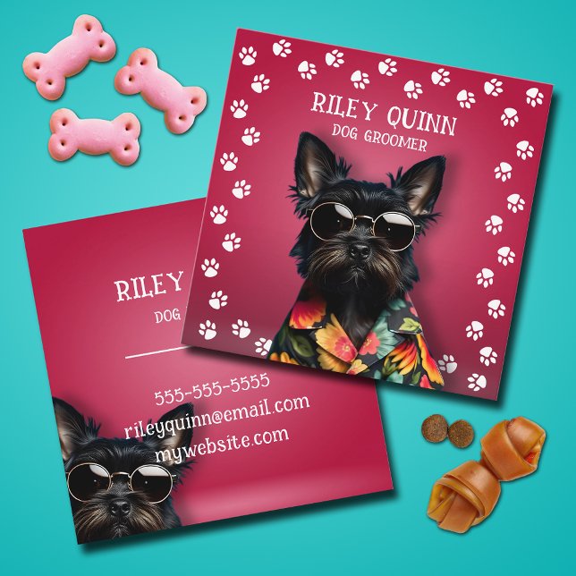 Dog Groomer Paw Print Border  Square Business Card (Dog Groomer pawprint border square business cards)
