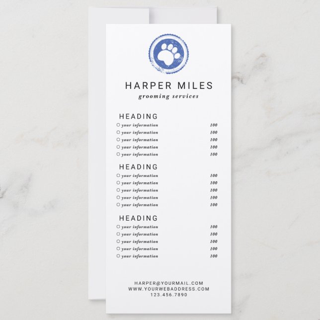 Dog groomer paw stamp price list or services card (Front)