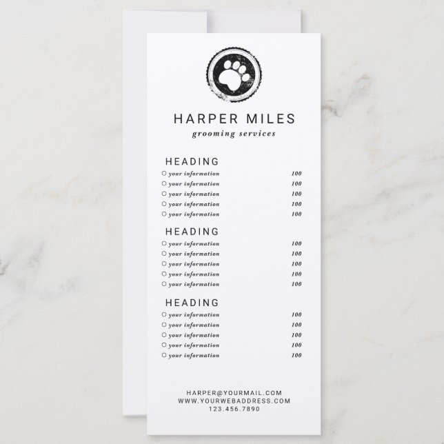 Dog groomer paw stamp price list or services card (Front)