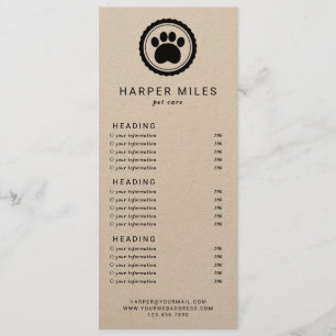 Dog groomer paw stamp price list or services card