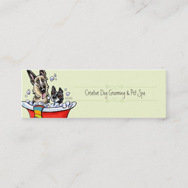 Dog Groomer Pet Spa GSD/Boston Celery Mini Business Card (Front)