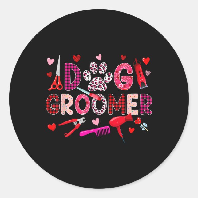 Dog Groomer Tools Valentine's Day Leopard Cute Hea Classic Round Sticker (Front)