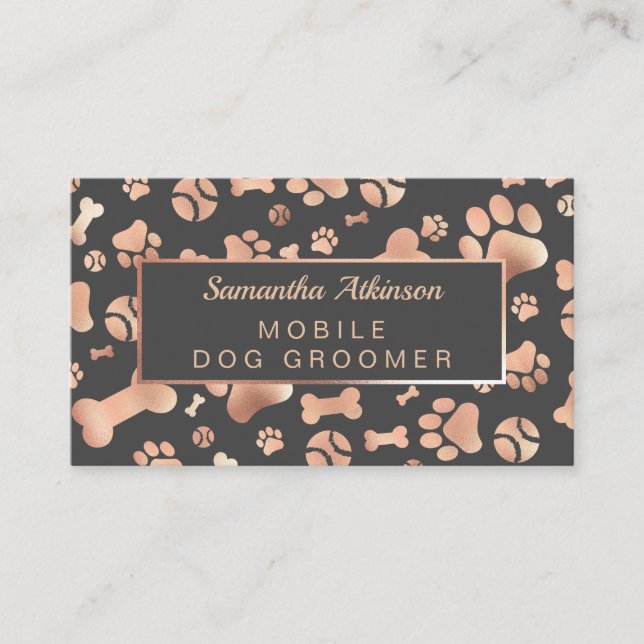 Dog Groomer Walker Rose Gold Paw Print Business Card (Front)