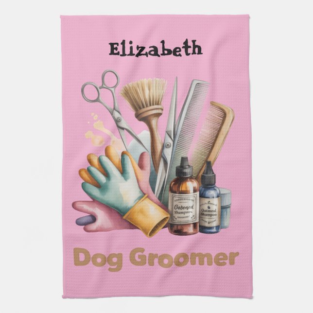 Dog Groomer Watercolor Personalized  Tea Towel (Vertical)