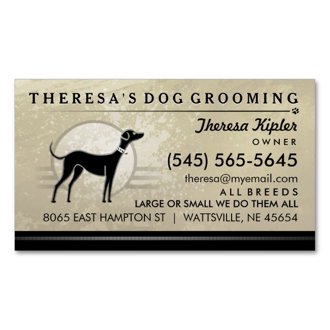 Dog Grooming Gold Swirl Black Magnet Business Card (Front)