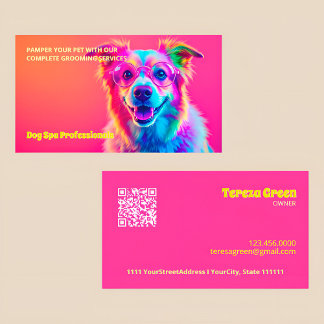 Dog Grooming Neon QR Business Card