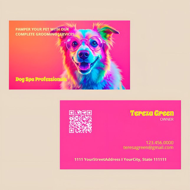 Dog Grooming Neon QR Business Card (Dog Grooming Business Cards)