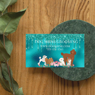 Dog Grooming Pet Sitting Glitter Robin's egg blue Magnetic Business Card