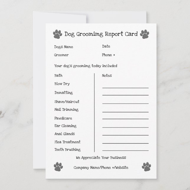 Dog Grooming Report Card (Front)